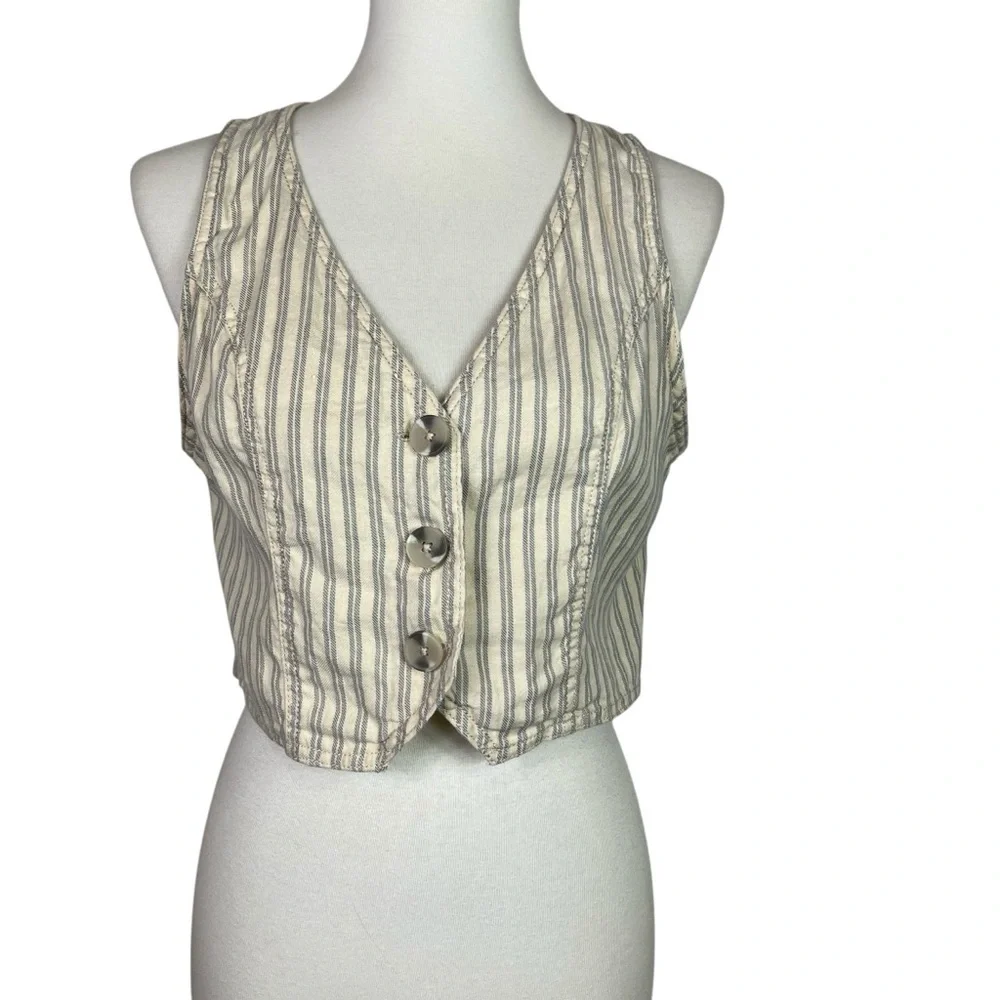 ANA A New Approach Linen Cotton Striped Button Front Vest Boho Women’s Size M - Picture 2 of 7
